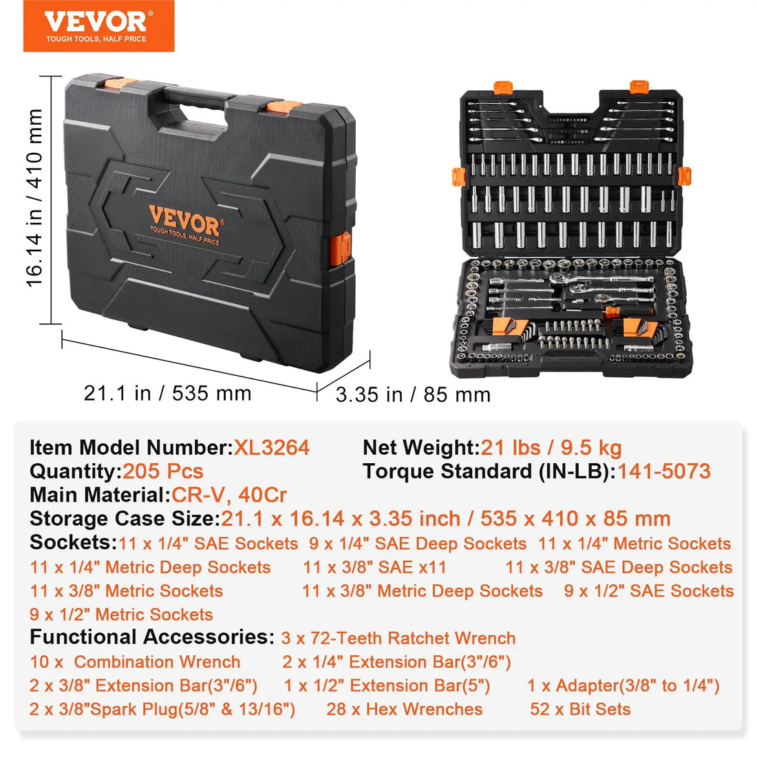 VEVOR Mechanics Tool Kit – 450 PCS, 1/4" 3/8" 1/2" Drive, SAE & Metric Sockets, Portable Hardware Set
