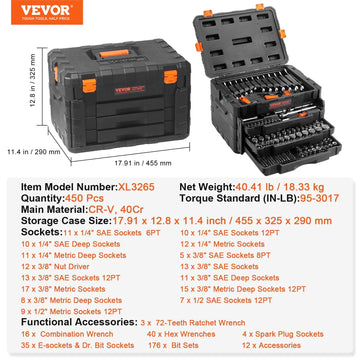 VEVOR Mechanics Tool Kit – 450 PCS, 1/4" 3/8" 1/2" Drive, SAE & Metric Sockets, Portable Hardware Set