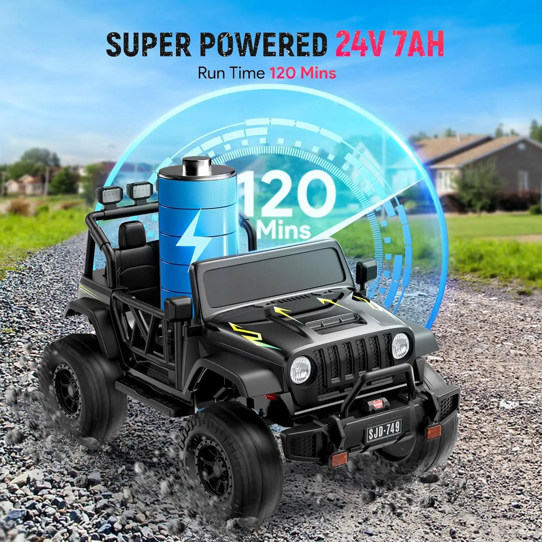 24V Ride on Truck Car 1- 2 Seater RideKids Electric Car - 7Ah Large Battery KidsElectric Vehicles with Remote Control, 4WDKids Jeep 3 Speeds LED Lights, Horn, Music forKids Aged Black