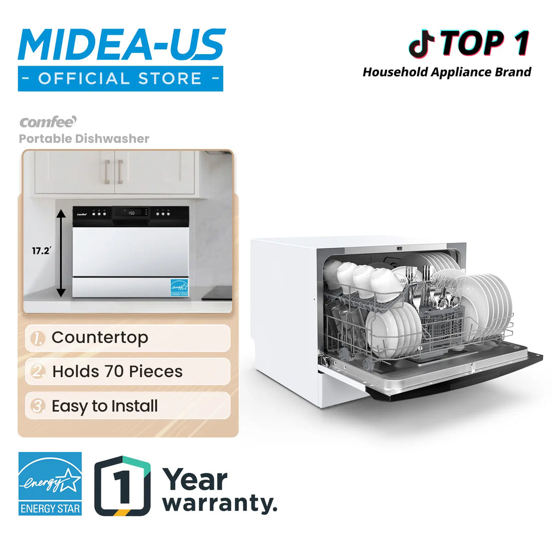 Compact Countertop Dishwasher – 6 Place Capacity | 8 Smart Wash Modes (ECO, Glass, Baby Care) | Energy Efficient & Space-Saving